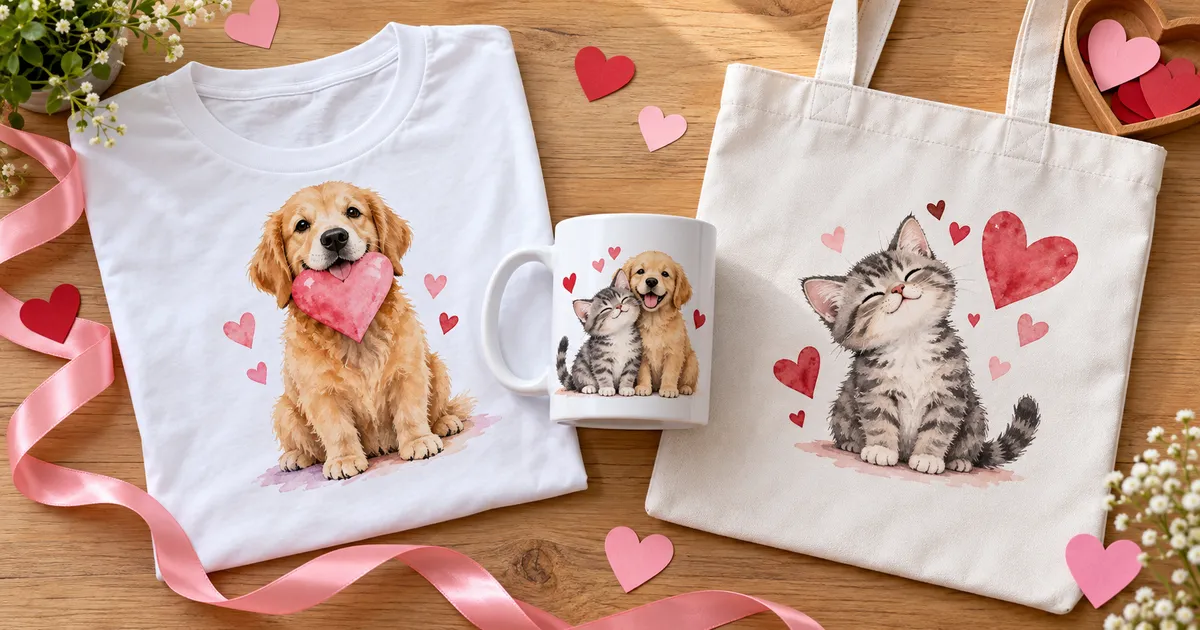 Valentine cat and dog illustrations printed on light polyester gift blanks and a coated ceramic mug