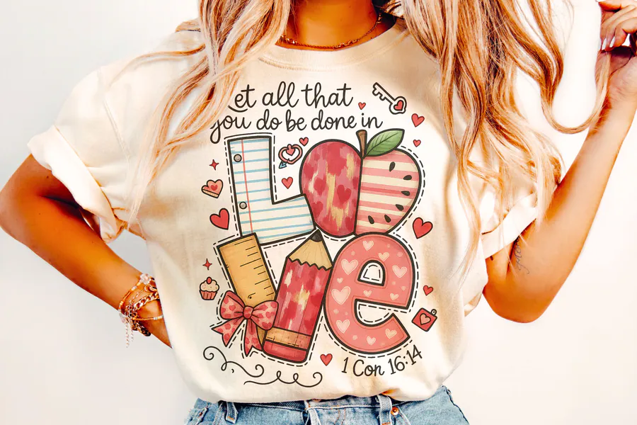 Patchwork LOVE teacher graphic with an apple and school supplies