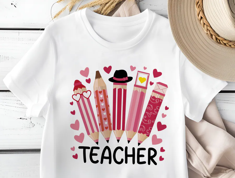 Pink and red pencil fan above Teacher lettering