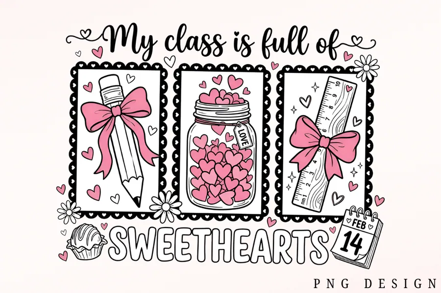 My Class Is Full of Sweethearts square graphic with bows and school motifs