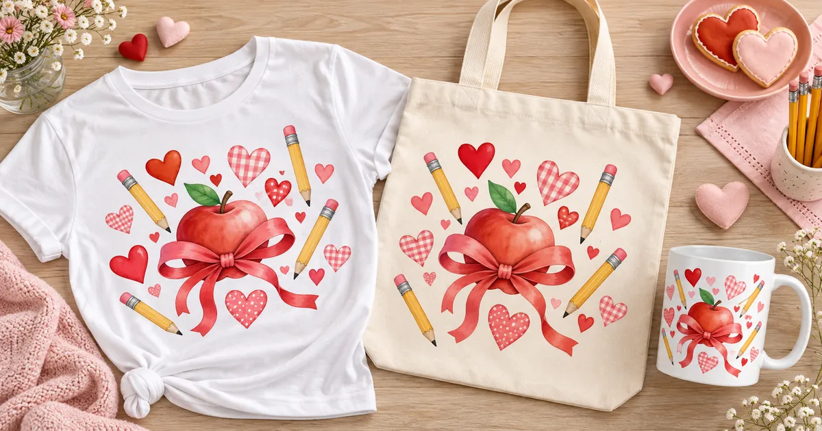 Valentine teacher craft gifts with heart and pencil motifs on a light polyester shirt, tote and coated mug