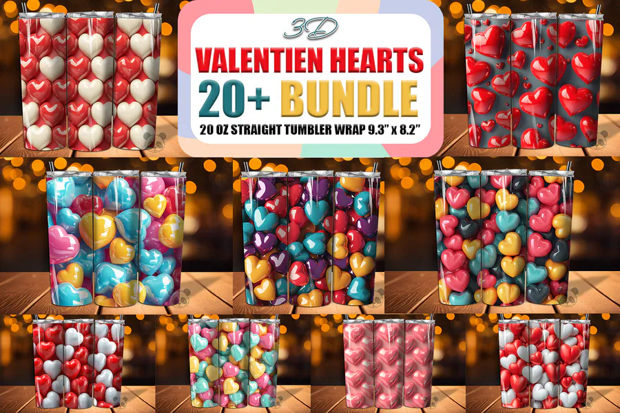 Valentine tumbler wrap bundle with colorful inflated-looking heart patterns