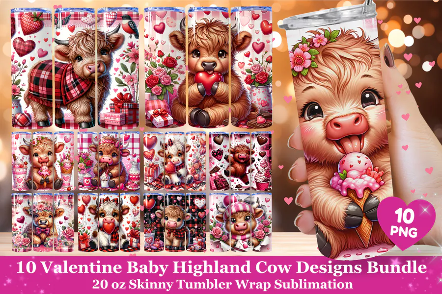 Ten Valentine baby Highland cow tumbler wraps with hearts, roses and sweet treats