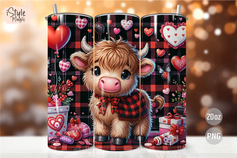 Valentine Highland cow tumbler artwork with red plaid and heart accents