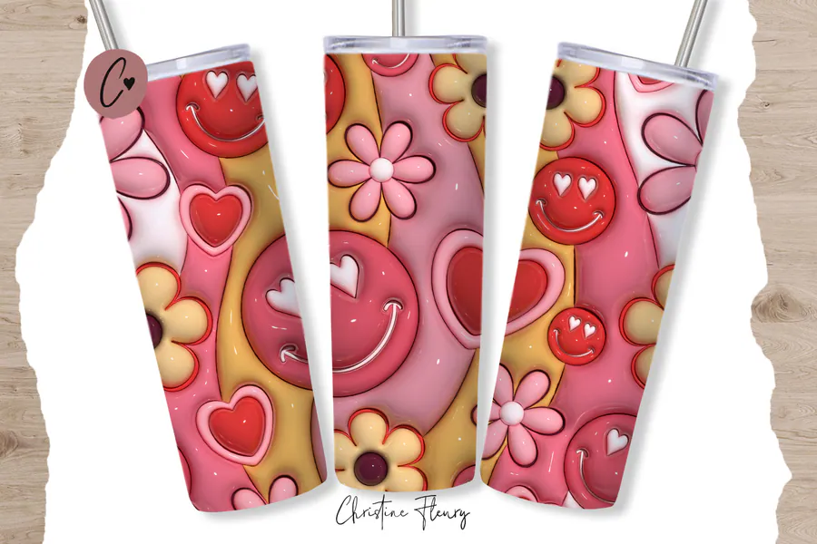 Retro Valentine tumbler wrap with smiley faces, hearts and flowers