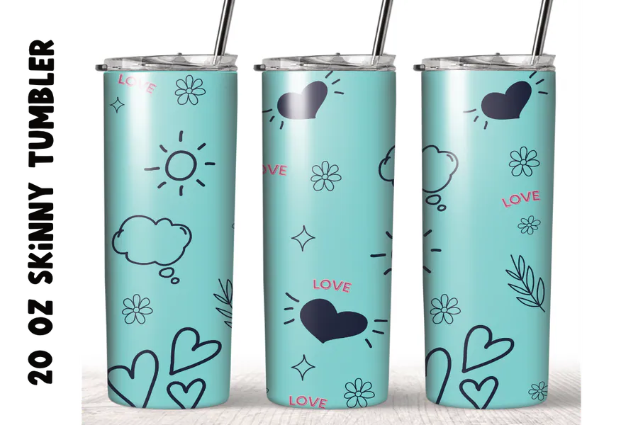 Aqua Valentine skinny tumbler design with simple hearts and small doodles