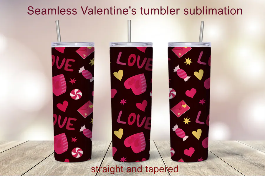Dark Valentine tumbler pattern with pink hearts, icons and love lettering