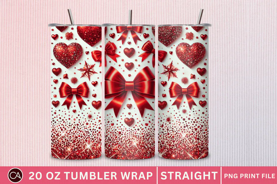 Red bows and glitter-style hearts on a Valentine straight tumbler wrap