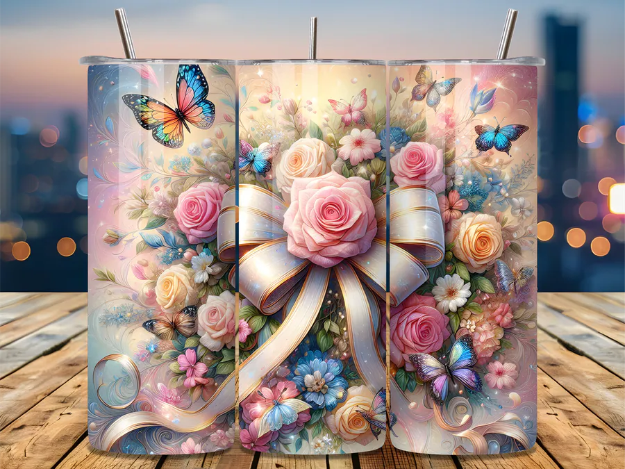 Pastel Valentine rose and butterfly tumbler wrap with a decorative bow
