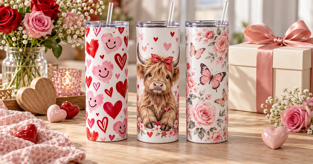 Valentine tumbler wrap ideas with hearts, a Highland cow and roses on three straight skinny coated tumblers