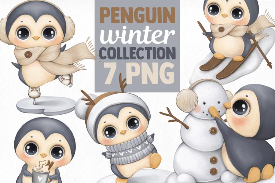 Winter penguin clipart with scarves and earmuffs plus two seamless JPG patterns