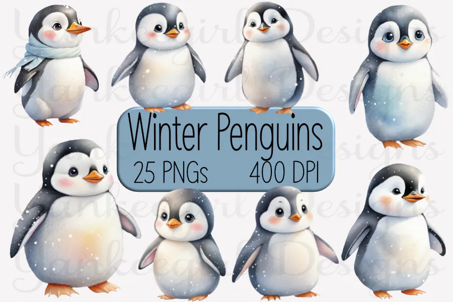 Twenty-five soft watercolor winter penguins in blue and cream tones