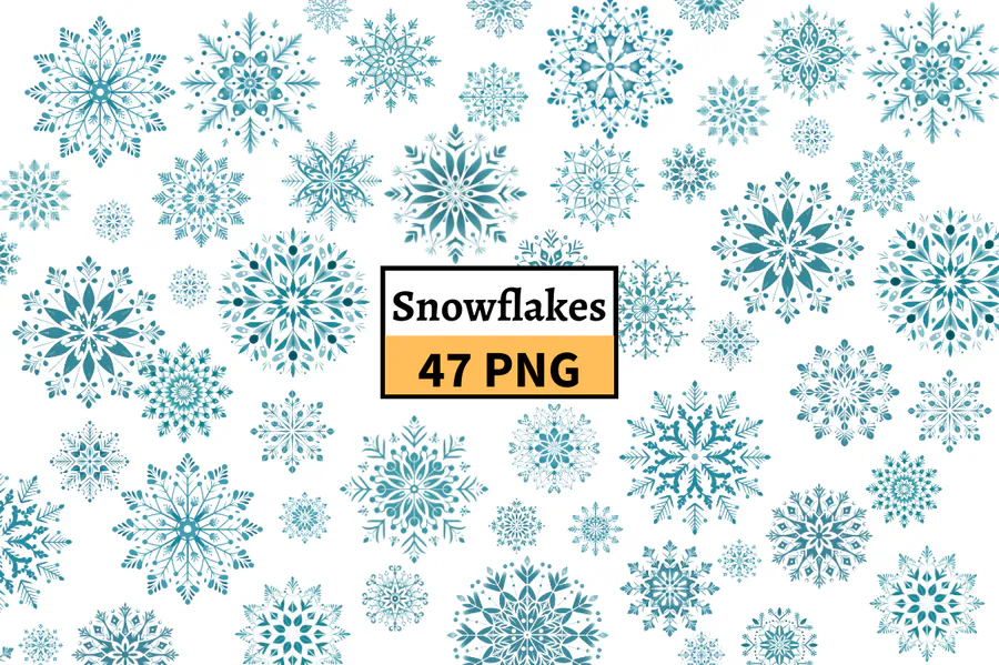 Forty-seven intricate blue watercolor snowflake PNG elements