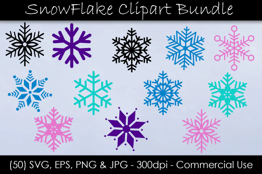 Fifty colorful snowflake graphics with ten shapes and five color options