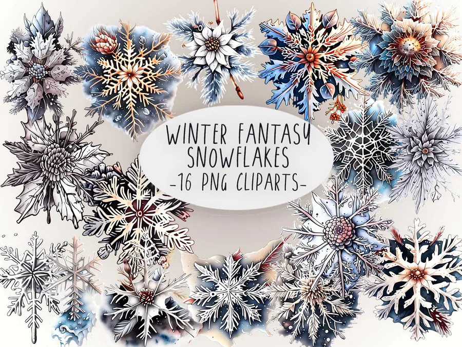 Sixteen ornate fantasy snowflakes in blue, silver and warm accent colors