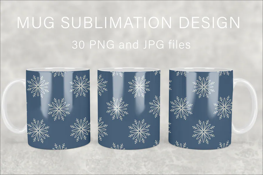Blue snowflake mug wrap designs for stated eleven and fifteen ounce layouts