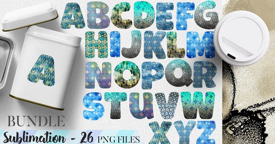Winter blue uppercase alphabet with twenty-six textured PNG letters