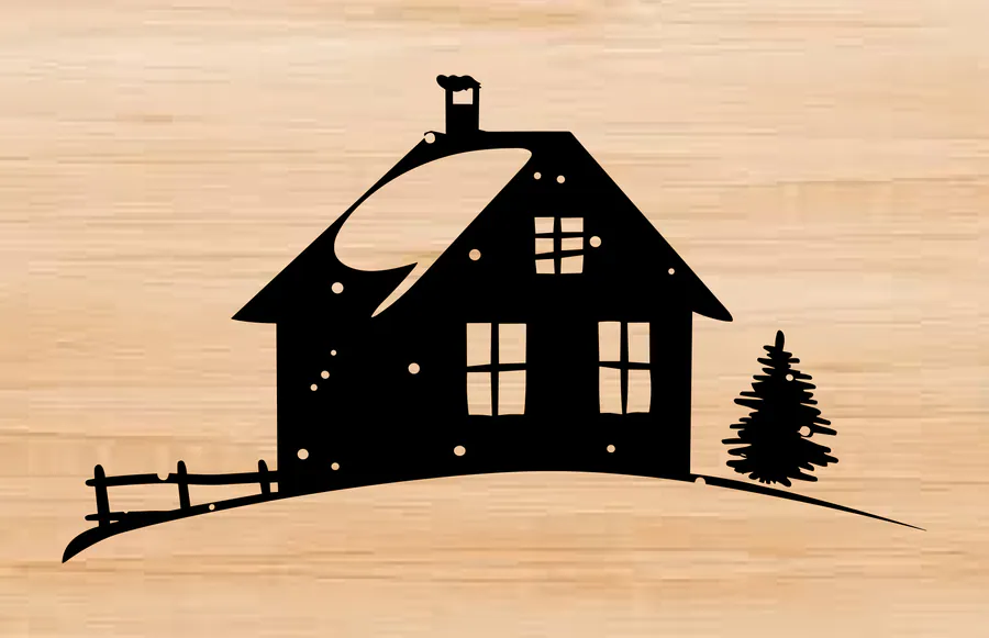 Dark snowy winter cabin silhouette with trees and a snow-covered roof