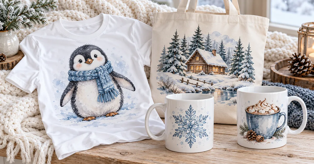 Winter sublimation PNG ideas with penguins, snowflakes, cocoa and a snowy cabin on light fabric and coated mugs